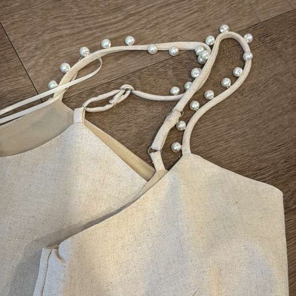 Pearl Details Cropped Top Beige Linen Straps Medium - Picture 8 of 10